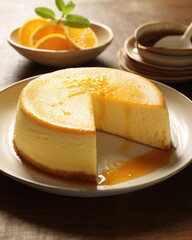 Prepare to surrender to the delicate embrace of this Japanese cheesecake, its soft and airy texture is contrasted by a subtle caramelization on the surface and a dash of zesty citrus zest.