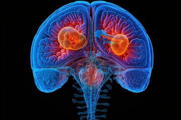 Medical scan showing brain tumor with illustrative visual representation. Generative AI