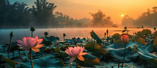 Lotus blossoms at sunrise. - obrazy, fototapety, plakaty