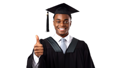 PNG. Black male American student smiling happily at success isolated on a transparent background.