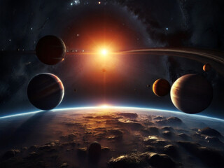 Planets in space against the background of the sun. 3D rendering. Created using generative AI tools