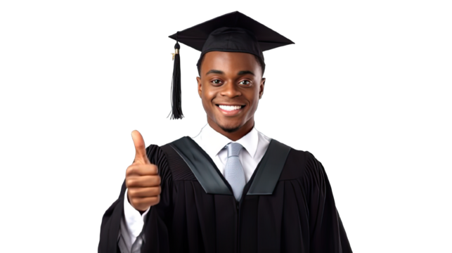 PNG. Black male American student smiling happily at success isolated on a transparent background.