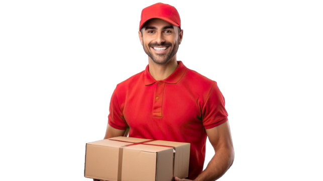 PNG. Delivery man smiling isolated on a transparent background.