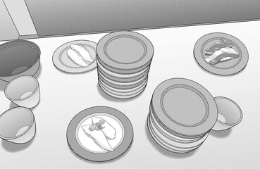 漫画風ペン画イラスト　店舗_回転ずし