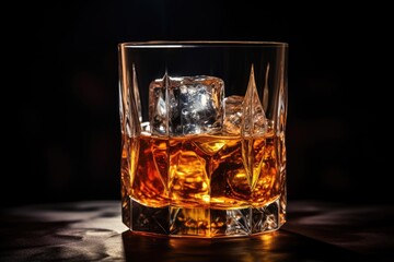 Whiskey Wonderland: Close-up of a whiskey glass with a large ice cube.