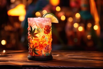 Tropical Bliss: Coconut-based cocktail in a tiki glass, adorned with tropical fruits and flowers.