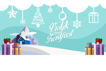 Translation: Merry Christmas. Vrolijk Kerstfeest vector text Calligraphic Lettering design card template. Suitable for greeting card, poster and banner.
