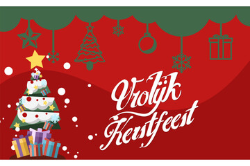 Translation: Merry Christmas. Vrolijk Kerstfeest vector text Calligraphic Lettering design card template. Suitable for greeting card, poster and banner.
