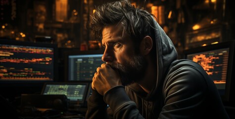 Worried about the financial market collapse, a man looks at the monitor