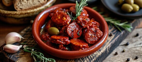 Traditional Mediterranean cured and smoked spicy paprika sausage, cooked in red wine with garlic and green olives. Popular Spanish hot tapas. - obrazy, fototapety, plakaty