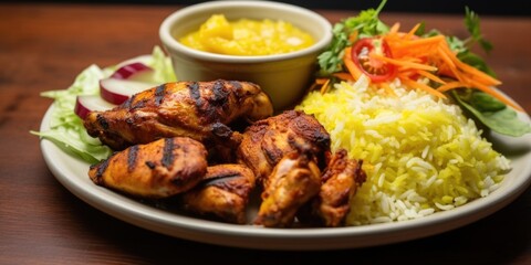 A delectable snapshot of Ayam Percik, displaying a perfectly grilled chicken thigh smothered in a luscious mixture of coconut milk, lerass, ginger, and chili, accompanied by a side of aromatic