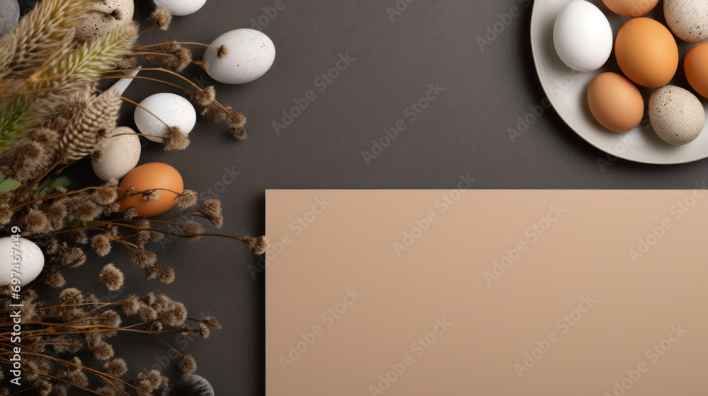 Poster a rustic composition of easter eggs and dried botanicals on a dark, textured background with copyspa