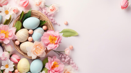 A festive Easter basket adorned with pastel-colored eggs and a variety of delicate spring flowers, symbolizing renewal.
