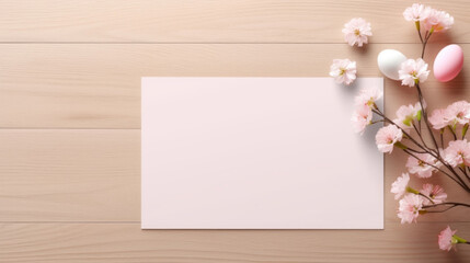 A clean Easter card mockup on a wooden surface, complemented by soft pink cherry blossoms and a selection of pastel-colored eggs.