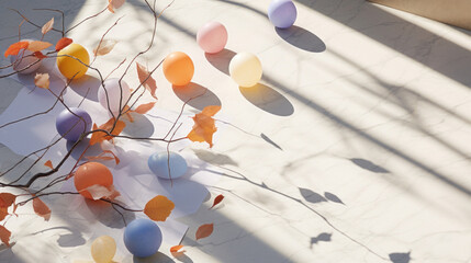 Vibrant Easter eggs among fallen leaves casting shadows on a marble surface.