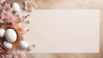 A charming Easter card design space surrounded by a ceramic bowl of white eggs and delicate cherry blossom branches.
