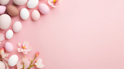Soft pink Easter eggs and delicate blossoms arranged on a smooth pastel pink background.