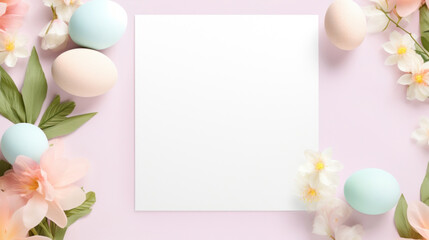 Fototapeta na wymiar A creative Easter frame with pastel eggs and blooming spring flowers on a soft pink background.