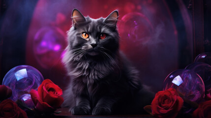 A mystical long-haired cat surrounded by dark red roses and reflective crystal balls, evoking a magical ambiance.