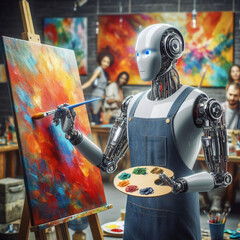 Humanoid robot artist painting a portrait on a canvas in an artist studio showing the concept of science and artificial intelligence technology, computer Generative AI stock illustration image