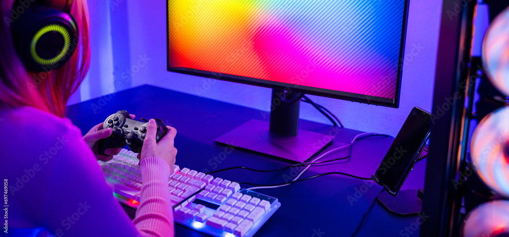 Aufkleber gamer using joystick controller for virtual tournament plays online video game with computer neon li