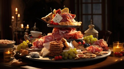 A captivating image of a festive platter boasting generous slices of ham, each delicately scored and glazed with a blend of es, offering a harmonious balance of savory and sweet notes.