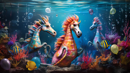 happy seahorse donning a party - obrazy, fototapety, plakaty