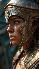 Close-up portrait of a beautiful girl in a helmet of iron.