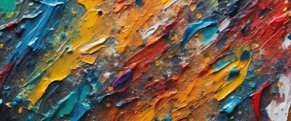Colorful abstract painting with a coarse texture, made with oil paint and tools like brushes and knives on a canvas.