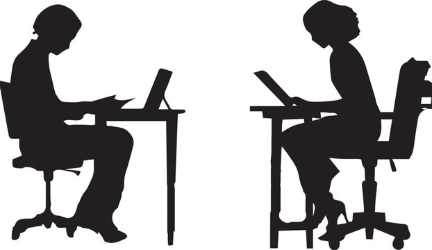 A Girl sitting at an office table with a laptop. A boy working office on a chair with a table silhouette vector illustration.