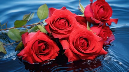 The striking contrast of bright red roses against the cool blue water creates a dramatic and eyecatching image.