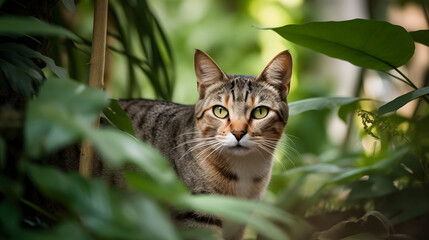 Naklejka na ściany i meble Curios cat in a green lush garden, summertime, AI generated, beautiful cat