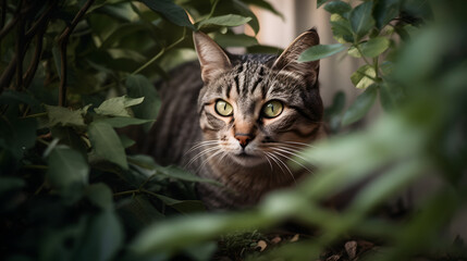 Naklejka na ściany i meble Curios cat in a green lush garden, summertime, AI generated, beautiful cat