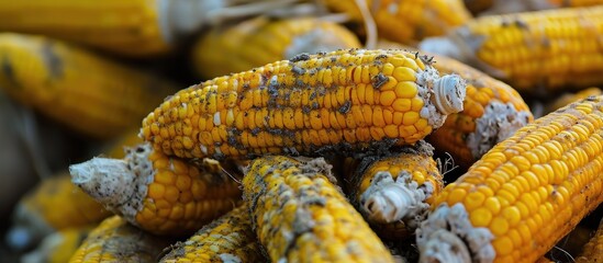 Moldy corn contaminated with aflatoxin during storage.