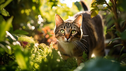 Obraz premium Curios cat in a green lush garden, summertime, AI generated, beautiful cat