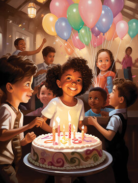 African American child smiling with birthday cake, birthday party, Diverse kids laughing, balloons, Ethnic children's party, birthday cake, candles, sprinkles, children smiling, kids having fun,