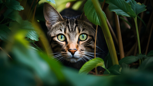 Curios cat in a green lush garden, summertime, AI generated, beautiful cat