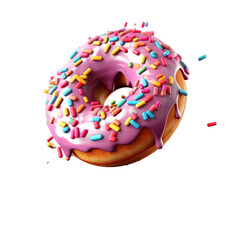 Decorated colorful delicious donut falling in motion isolated on transparent background, Generative ai