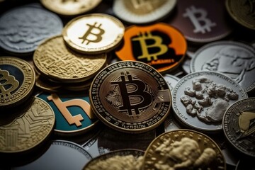 A pair of bitcoins amidst other cryptocurrencies. Generative AI