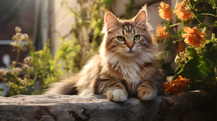 Naklejka na ściany i meble Majestic cat in warm sunshine laying between beautiful orange flowers, ai generated
