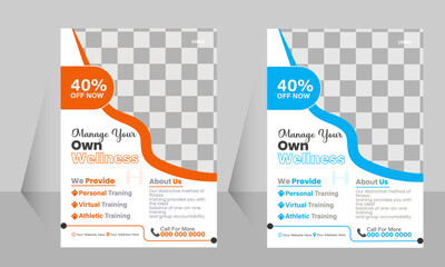 Fitness flyer template design, space for photo background, a bundle of 2 templates of different colors a4 size.
