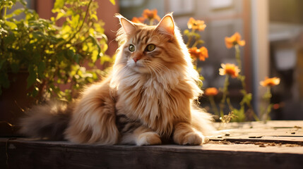 Majestic cat in warm sunshine laying between beautiful orange flowers, ai generated