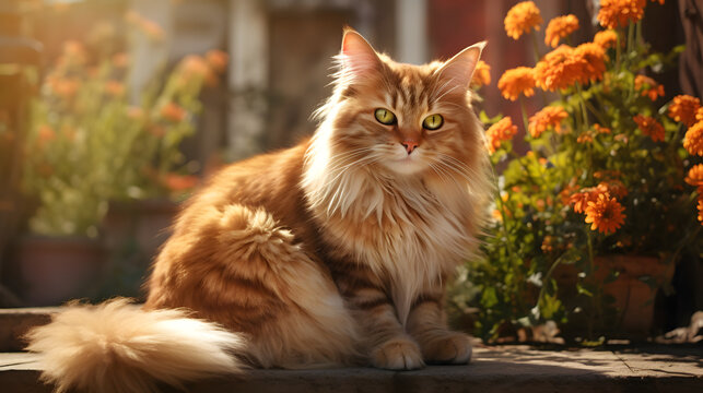 Majestic cat in warm sunshine laying between beautiful orange flowers, ai generated
