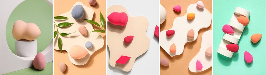 Set of makeup sponges on color background