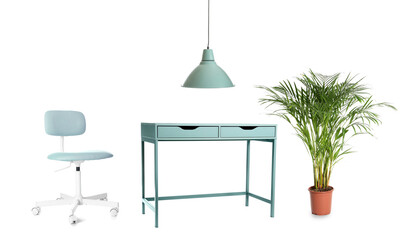 Collage of different office furniture, houseplant and ceiling lamp on white background