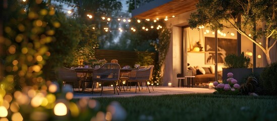 Cozy summer evening in modern residential backyard with outdoor lights, plants, and dining area. - obrazy, fototapety, plakaty