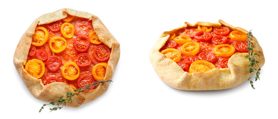 Tasty tomato galette on white background