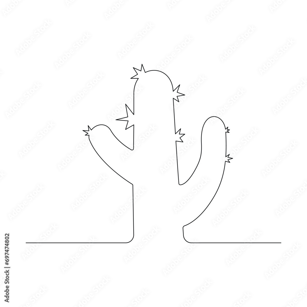 Fototapete continuous cactus one-line vector drawing and outline-style single-line illustration art