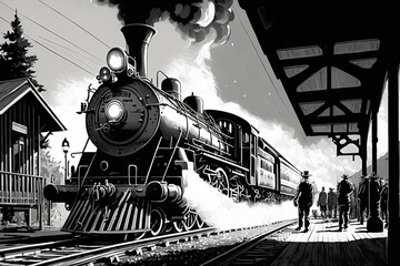 Illustration of vintage locomotive at a station. Generative AI - obrazy, fototapety, plakaty