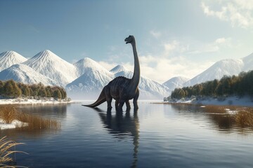 Brachiosaurus walks alone into cold lake before dinosaurs extinction. Snow on the mountains in the background. Generative AI